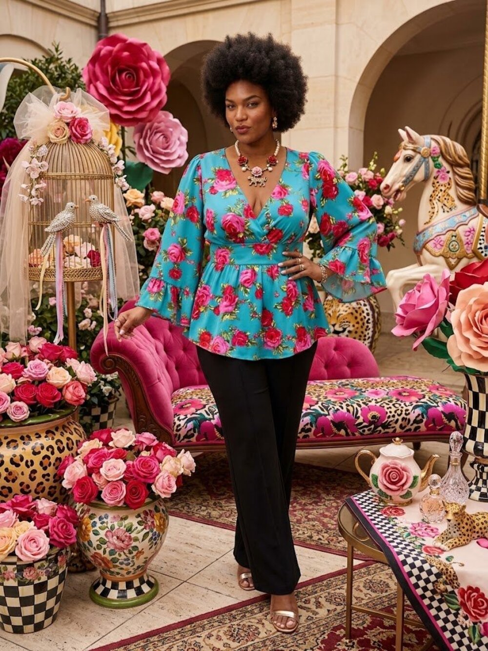 Betsey Johnson Vintage Aqua Blue Red Roses Ruffle Floral Tunic Peplum Tie Top L